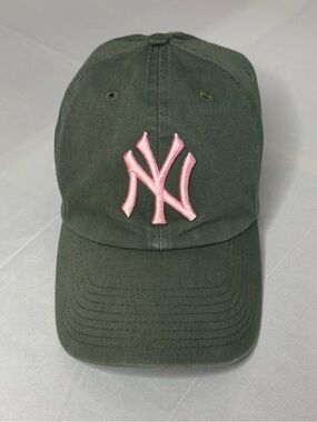 NY Yankees Olive Green Baseball Cap with Pink Logo | O/S
